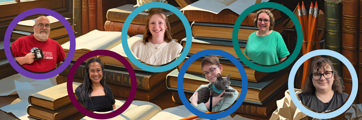 Bookshelves with headshots of staff members in colored circles