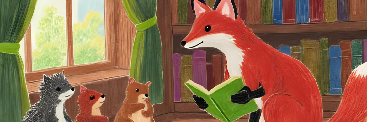 Cartoon fox reading a book to three little animals