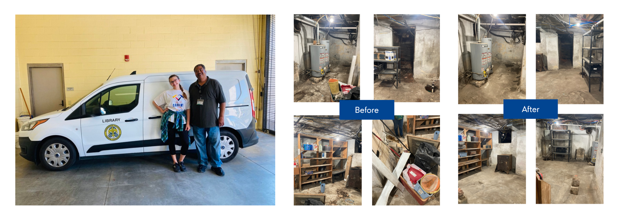 collage of photos with people in front of cargo van and before and after shots of basement