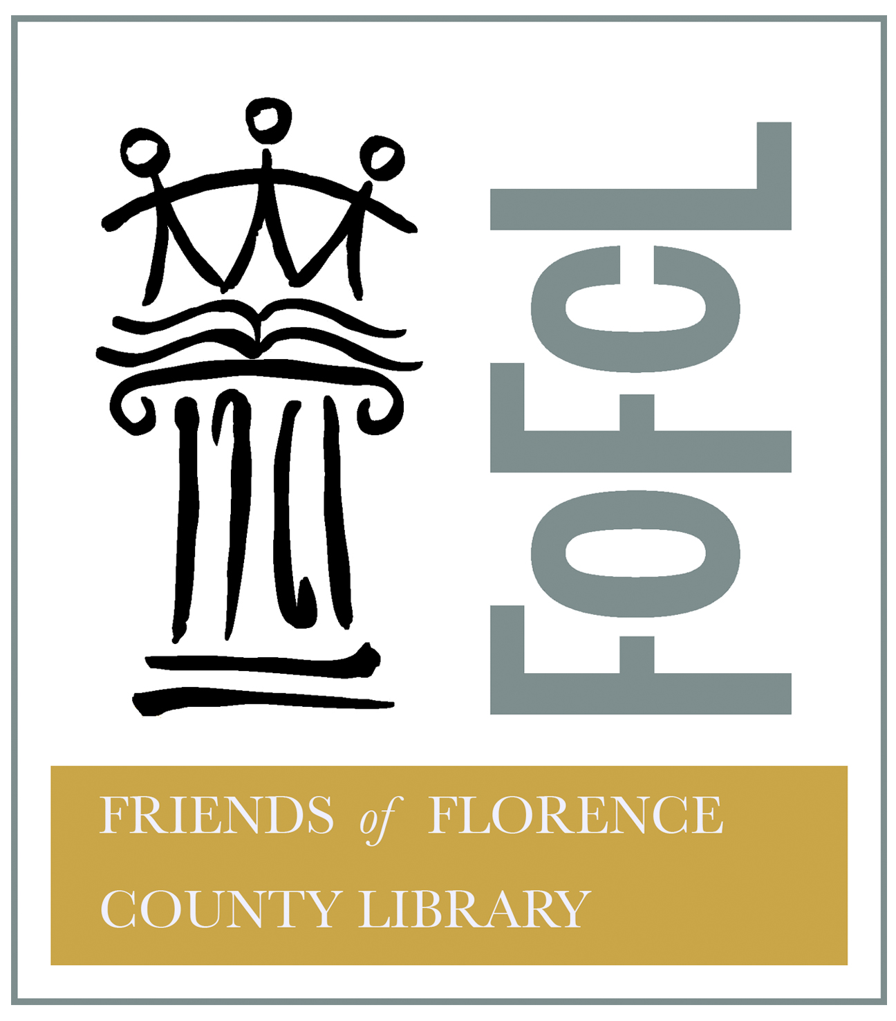 Friends of the Florence County Library logo showing column, and open book, and stick children