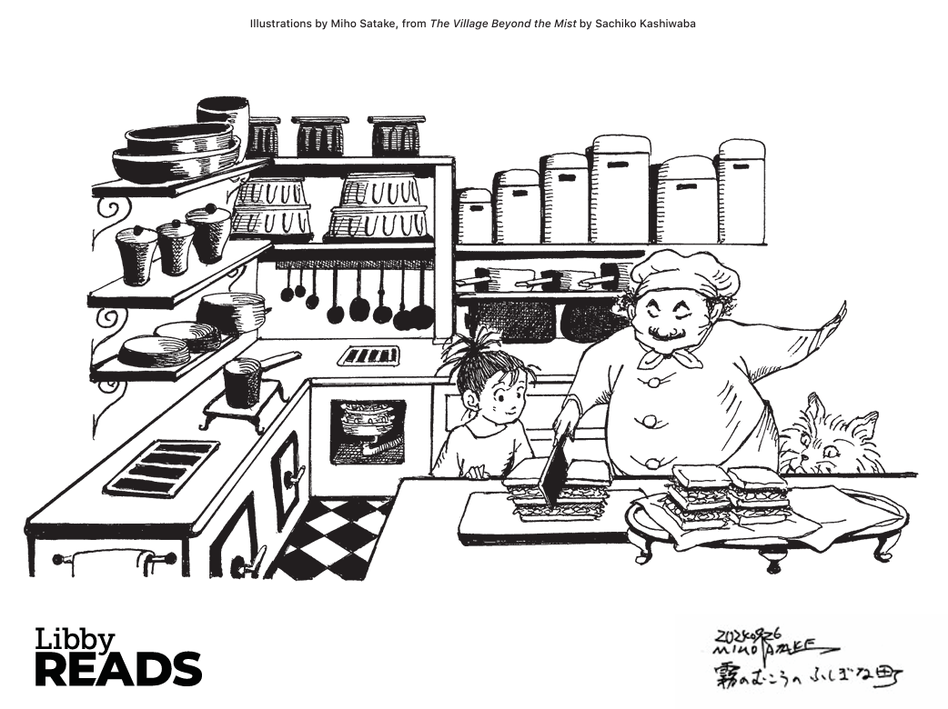 Coloring page of a chef, little girl, and cat in a kitchen