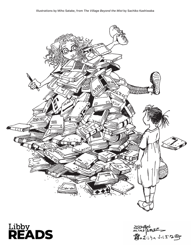 A big pile of books with two little girls playing