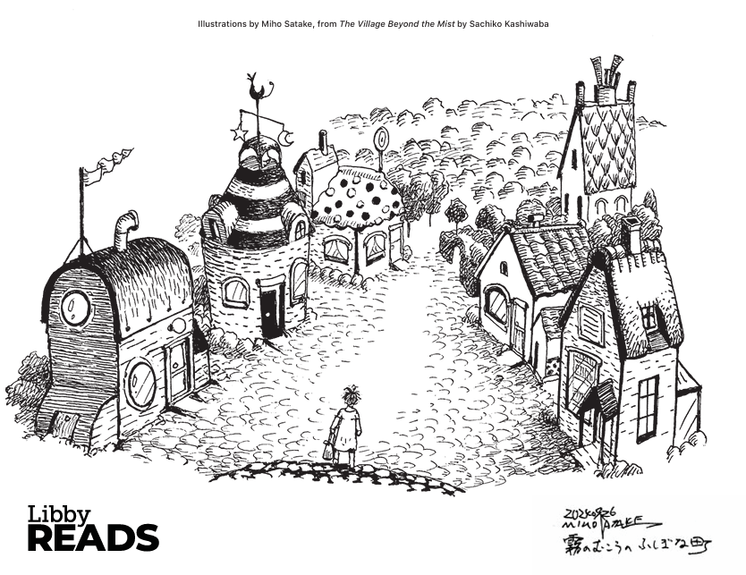 Coloring page of a village with a person staring down the street
