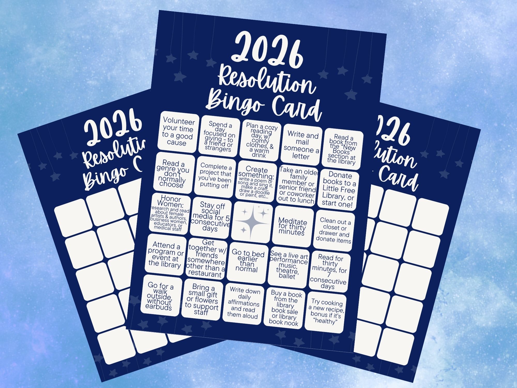 Three 2026 resolution bingo cards displayed