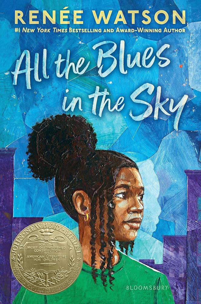 An African-American girl looks off to the side of the cover with an abstract cityscape in blue is behind her.