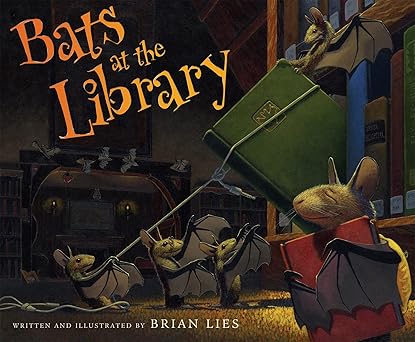 Bats exploring a library at night