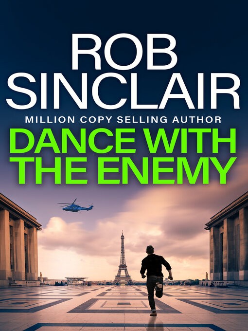A man runs toward the Eifel Tower while a helicopter hovers nearby