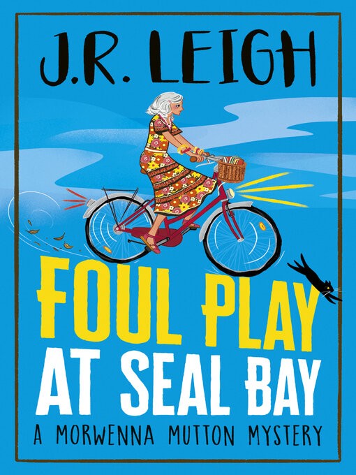 An older woman riding a bicycle at night as a black cat runs in front of her
