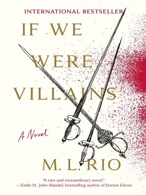 Two crossed rapiers against a white background with blood stains on the side of the book.