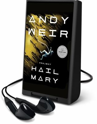 Playaway device with headphones and the screen displaying the cover image of Project Hail Mary