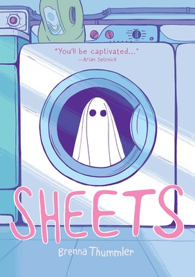 A small ghost looking back at the viewer from inside the door of a washing machine