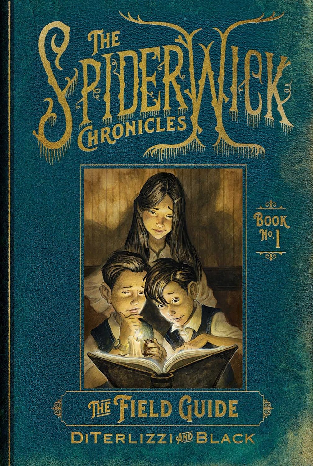 Two younger children read a book while an older girl looks over their shoulders