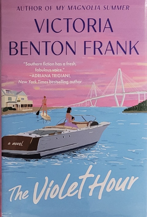 Image for "The Violet Hour" a woman sitting in a boat on the water near a bridge
