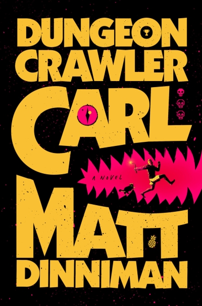 Dungeon Crawler Carl book cover image with large yellow letters and a small man running