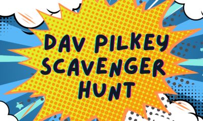Dav Pilkey Scavenger Hunt in a comic font and burst