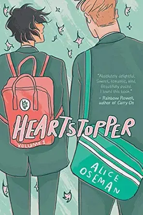Book cover for Heartstopper showing cartoons of two people from the back, both wearing bookbags