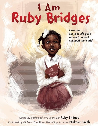 Book cover for I am Ruby Bridges with little girl sitting on steps holding a book