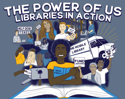 graphic showing a diverse group of people holding library cards, an open book, and a bookmobile