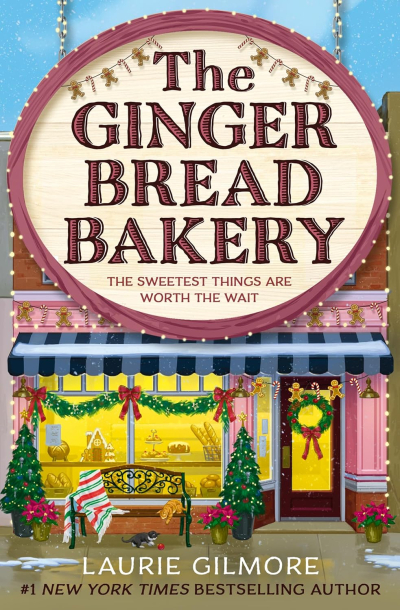 Book cover for The Gingerbread Bakery showing a storefront decorated for Christmas