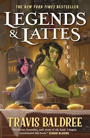 Book cover for Legends and Lattes featuring creatures that are pink and green standing back to back