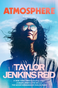 Atmosphere book cover shows head and shoulders of a woman wearing mirrored sunglasses looking up at the sky