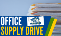 file folders stacked up with office supply drive written in front and The Care House logo