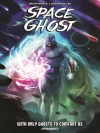 Book Cover for Space Ghost showing sci-fi scene of man in mask and cape with planets and lightning swirls in the background