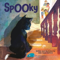 Book cover for Spooky showing a cat at the top of the stairs and a family downstairs
