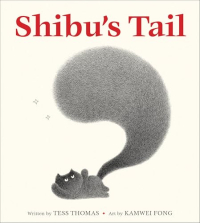 Book cover for Shibu's Tail with grey cat that has a huge tail