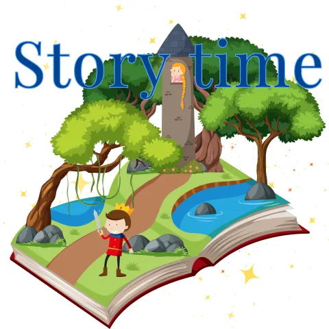 Cartoon of an open book showing a princess in a tower, trees, and a prince.