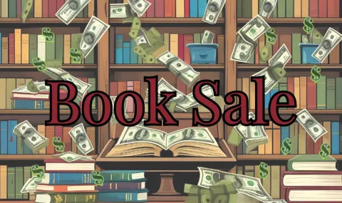 Book Shelves with dollar bills and dollar signs floating in front of it with the words Book Sale