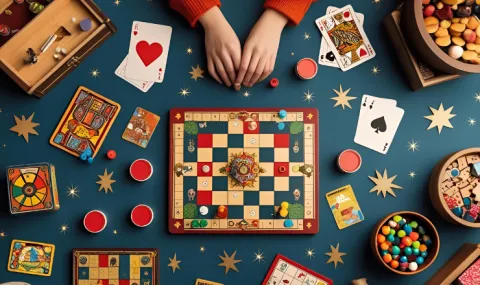 Hands on a table scattered with board games, cards, and puzzles