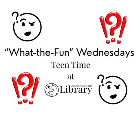 Images of questioning faces, program title, library logo