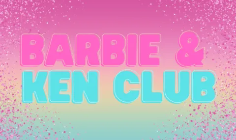 Barbie and Ken club logo over pink sparkly background