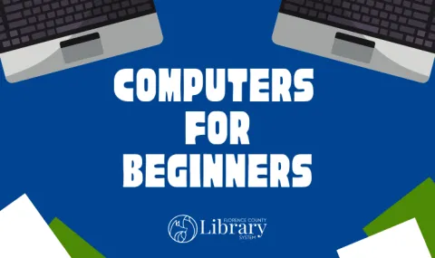 Computers for Beginners on blue background with two laptop computers in the upper corners