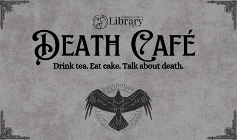 Death Cafe with black bird over grey background