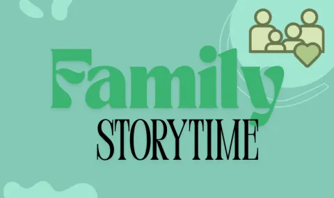 Family storytime with on green background with silhouette of family in corner