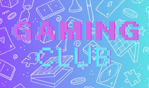 Gaming Club over purple and blue background with line drawings in gaming theme