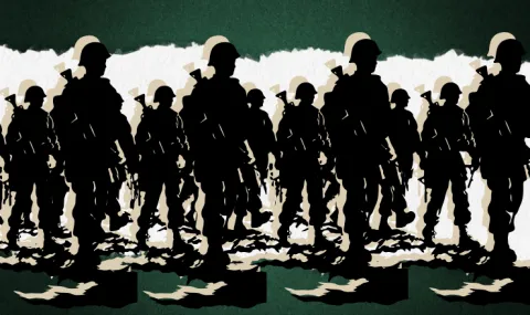 Multiple silhouettes of soldiers in marching formation in front of a torn green and white background.