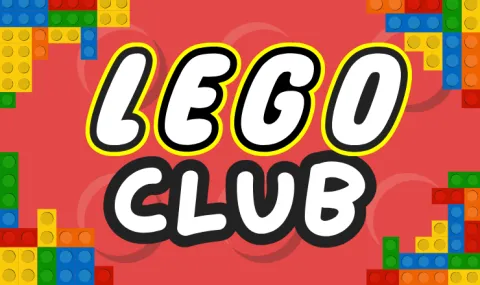 Lego club logo over pattern of lego bricks