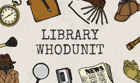 Graphics of detective tools including a notebook, lockpick, magnifying glass, and flashlight around text that says "Library Whodunit"
