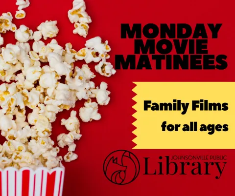 Spilled popcorn with program title and library logo