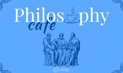 Philosophy Cafe on light blue background with line drawing of three men gathered 