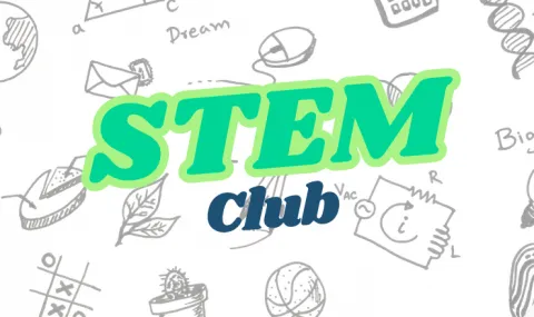Stem Club over grey and white line drawings in tech theme