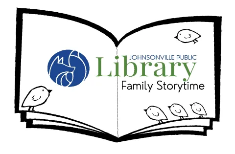 Open book with birds and library logo