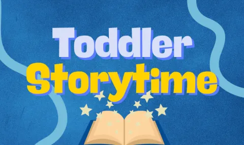 Toddler Storytime over blue background with open book and stars