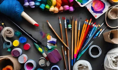 Arts and crafts supplies like paints, brushes, pencils, and markers scattered on a table