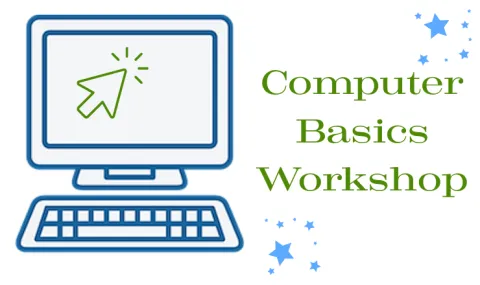 A blue computer with a green pointer next to the words Computer Basics Workshop