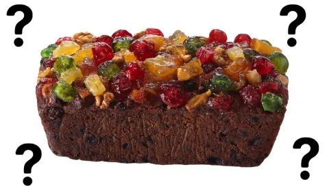 A fruitcake surrounded by question marks on a white background