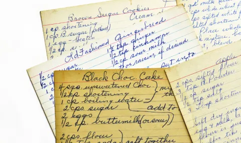 A stack of hand-written recipes on cards of paper